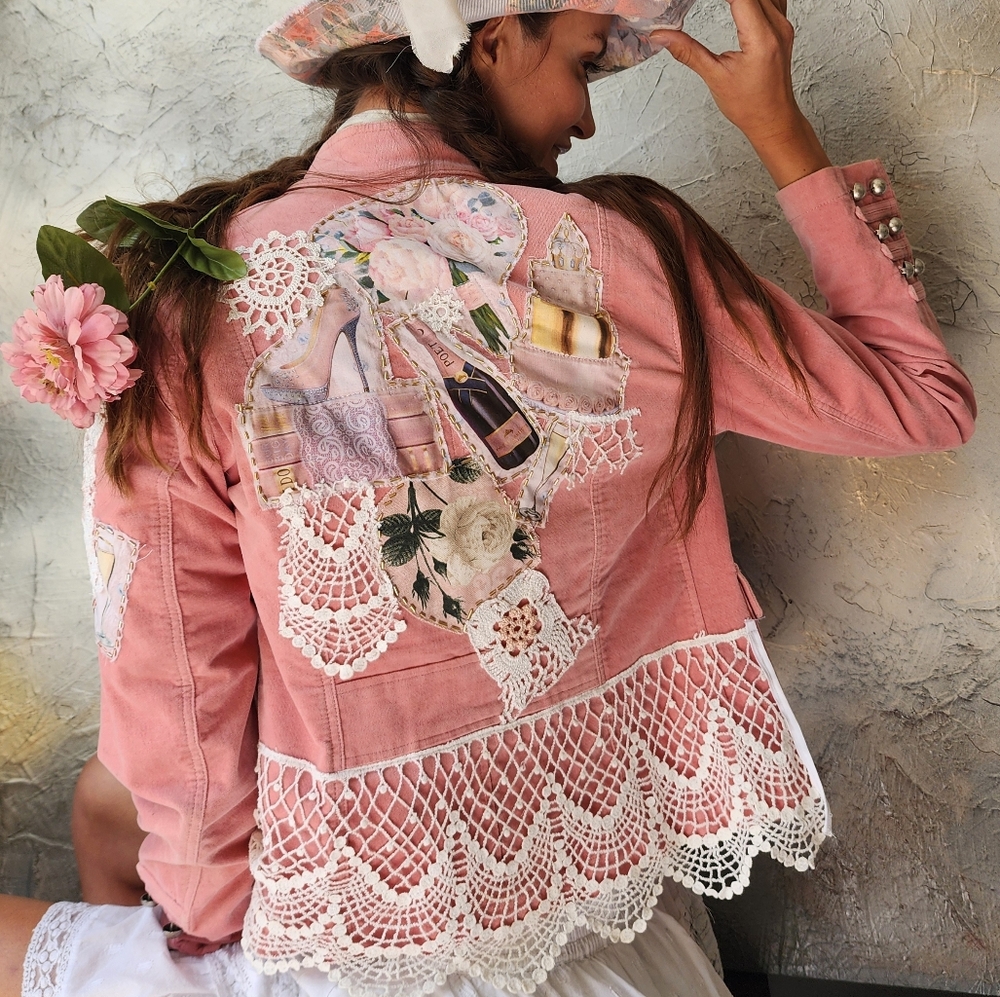Velvet Edwardian Jacket Rose Patchwork Crochet Magnolia Champagne Vintage Lace